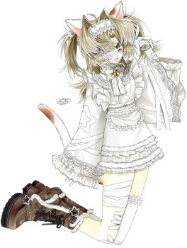 Rule 34 | 1girl, :d, animal ears, apron, bandaged leg, bandages, bandaid, bandaid on arm, bandaid on knee, bandaid on leg, bell, blonde hair, blush, boots, bow, brown boots, brown eyes, cat ears, cat girl, cat tail, dot nose, dress, eyepatch, fang, frilled apron, frilled dress, frilled gloves, frilled sleeves, frilled thighhighs, frills, full body, gloves, hair intakes, hairband, highres, injury, jumping, lace-trimmed sleeves, lace-up boots, lace trim, lolita fashion, lolita hairband, long hair, long sleeves, medical eyepatch, mlsn, neck bell, open mouth, original, short dress, simple background, single thighhigh, smile, solo, tail, thighhighs, two side up, white apron, white background, white bow, white dress, white gloves, white hairband, wide sleeves