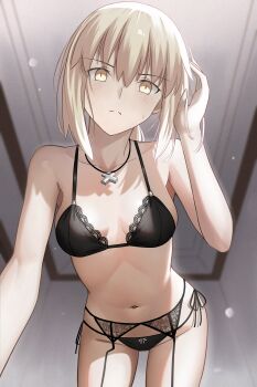 1girl absurdres artoria_pendragon_(fate) bare_shoulders black_bra black_panties blonde_hair bra breasts cleavage commentary english_commentary fate/grand_order fate_(series) garter_belt highres long_hair longdq3008 looking_at_viewer low_ponytail medium_breasts navel panties ponytail saber_alter sidelocks solo thighs underwear yellow_eyes