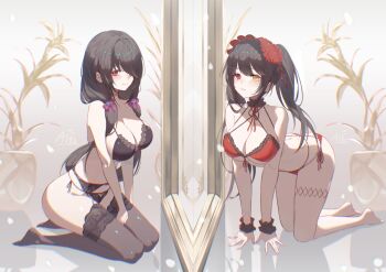 2girls absurdres all_fours annasui_factory azur_lane bikini black_bra black_hair black_panties black_thighhighs bra breasts cleavage clock_eyes date_a_live dual_persona heterochromia highres large_breasts lingerie long_hair multiple_girls official_alternate_costume panties red_bikini red_eyes scrunchie swimsuit symbol-shaped_pupils thighhighs tokisaki_kurumi tokisaki_kurumi_(twin_rose) underwear very_long_hair wrist_scrunchie yellow_eyes