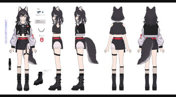 Rule 34 | 1girl, animal ear piercing, animal ears, black boots, black hair, black jacket, black shirt, black skirt, blue eyes, boots, chain, chain necklace, closed mouth, commentary request, cropped jacket, cropped shirt, dog ears, dog girl, dog tail, frown, grey jacket, grey skirt, grey streaks, highres, jacket, jewelry, kmnz, medium hair, midriff, multicolored hair, multicolored jacket, multiple views, navel, necklace, nero (kmnz), official art, open clothes, open jacket, reference sheet, shirt, shugao, simple background, skirt, streaked hair, tail, two-tone jacket, two-tone skirt, virtual youtuber, white background