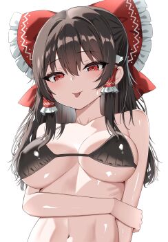 1girl :p absurdres bikini black_bikini bow breasts brown_hair covered_erect_nipples hair_bow hakurei_reimu highres holding_own_arm kiui_(dagk8254) large_breasts long_hair red_bow red_eyes ribs simple_background solo sweat swimsuit tongue tongue_out touhou upper_body white_background