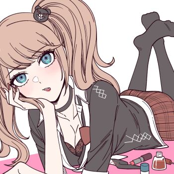 1girl bear_hair_ornament black_bra black_choker black_shirt blonde_hair blue_eyes bow bra breasts choker cleavage collarbone commentary_request danganronpa:_trigger_happy_havoc danganronpa_(series) enoshima_junko hair_ornament highres large_breasts long_hair looking_at_viewer lying moi_(arararcrc) nail_polish necktie no_shoes on_stomach red_bow red_nails red_skirt shirt skirt sleeves_rolled_up smile solo teeth the_pose twintails two-tone_necktie underwear white_necktie