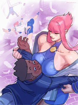 1boy 1girl absurdres between_breasts blush breasts clothing_cutout dancing dark-skinned_male dark_skin dougi face_between_breasts grabbing_another&#039;s_sleeve head_between_breasts highres hip_vent large_breasts manon_legrand medallion pink_hair player_character_(street_fighter_6) short_hair_with_long_locks smile street_fighter street_fighter_6 throwing throwing_person torashu-kun track_suit unitard