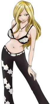 1girl artist_request belt black_bra black_pants blonde_hair blush bra breasts cleavage collarbone hand_on_own_thigh jewelry julia_dragoon lace lace-trimmed_panties lace_trim large_breasts long_hair looking_to_the_side navel necklace panties pants rave_(mashima) standing tooth_necklace transparent_background underwear white_belt yellow_eyes
