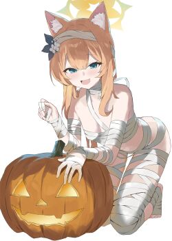 1girl absurdres animal_ears bandaged_arm bandaged_chest bandaged_foot bandaged_hand bandaged_head bandaged_leg bandaged_neck bandages bare_shoulders blue_archive blue_eyes breasts cat_ears cat_girl evening_rabbit flower hair_flower hair_ornament halo highres mari_(blue_archive) orange_hair simple_background small_breasts solo thighs white_background