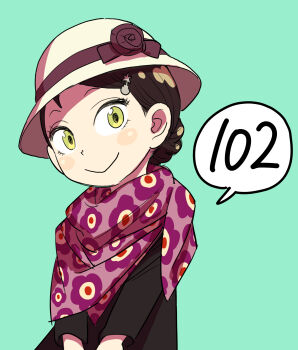 Rule 34 | 1girl, becky blackbell, black dress, bomb hair ornament, braid, brown hair, commentary request, dress, endou tatsuya, green eyes, hat, head tilt, highres, purple scarf, scarf, solo, spy x family, upper body, white hat