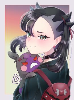 1girl absurdres anger_vein asymmetrical_bangs backpack bag black_choker black_hair black_jacket border choker closed_mouth commentary_request earrings eyelashes gen_8_pokemon gradient_background green_eyes hair_ribbon highres holding holding_pokemon jacket jewelry looking_to_the_side marnie_(pokemon) medium_hair morpeko morpeko_(hangry) nintendo not_migiokuba outside_border pokemon pokemon_(creature) pokemon_swsh red_bag red_ribbon ribbon smile swirl upper_body white_border
