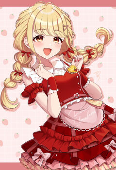 1girl :d arm_garter blonde_hair bow braid breasts brown_eyes collared_shirt commentary_request cowboy_shot fang frilled_skirt frills fujita_kotone gakuen_idolmaster grid_background hair_bow hair_ornament hairclip hands_up highres idolmaster layered_skirt letterboxed multiple_hair_bows nail_polish open_mouth outside_border red_bow red_nails red_shirt red_skirt red_wrist_cuffs sakura_ran shirt skin_fang skirt sleeveless sleeveless_shirt small_breasts smile solo twin_braids twintails wrist_cuffs