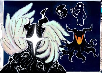 4others angel_wings black_cape bug butterfly cape deltarune demon_horns eldritch_abomination eram_(deltarune) everyman_(undertale) extra_eyes fangs feathered_wings fetus giant glowing_mouth head_wings highres horns insect living_shadow multiple_others one-eyed patty_proof spawn_(deltarune) titan_(deltarune) torn_cape torn_clothes trait_connection utdr_(toby_fox) wings