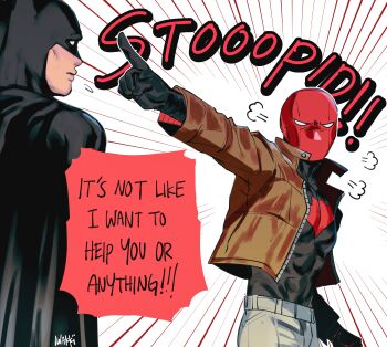 2boys absurdres bat_signal batman batman_(series) batman_symbol black_bodysuit black_gloves bodysuit brown_jacket bruce_wayne cowl dc_comics gloves grey_bodysuit highres iwakki jacket jason_todd male_focus mask multicolored_bodysuit multiple_boys muscular muscular_male open_clothes pants red_hood_(dc) red_hood_and_the_outlaws red_mask superhero_costume taut_bodysuit two-tone_bodysuit