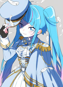 1girl accurate_lolita_coord adjusting_clothes adjusting_headwear ascot black_gloves blue_dress blue_eyes blue_hair blue_hat brooch commentary cure_sky cut_bangs dress earclip earrings epaulettes feathers fingerless_gloves gloves grey_background hat highres hirogaru_sky!_precure izumi_kirifu jewelry lolita_fashion long_sleeves looking_at_viewer military_lolita multicolored_hair pink_hair precure revision simple_background single_earring single_sidelock smile solo sora_harewataru streaked_hair twintails two-tone_hair white_ascot white_feathers wing_brooch