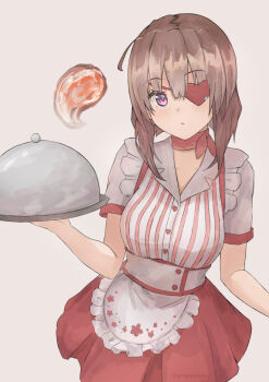 1girl amayomiyu apron blunt_bangs blunt_ends blush bob_cut breasts brown_hair buttons closed_mouth commentary cowboy_shot eyepatch eyes_visible_through_hair frilled_apron frills ghost hair_between_eyes heart heart_button heart_eyepatch heaven_burns_red hiiragi_kozue hitodama holding holding_plate holding_tray looking_at_viewer medium_breasts medium_hair neck_ribbon official_alternate_costume one_eye_covered plate purple_eyes red_ribbon red_skirt ribbon shirt short_sleeves skirt solo tray waist_apron waitress white_apron white_shirt