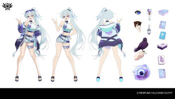 Rule 34 | 1girl, absurdres, animal, arm strap, artist request, belt, bird, blue eyes, blue nails, blue tongue, breasts, card, character request, colored tongue, deal with it (meme), feet, genmu kumatori, heterochromia, highres, holding, holding animal, holding bird, indie virtual youtuber, jacket, long hair, mahjong, mahjong tile, medium breasts, meme, navel, official art, open clothes, open jacket, playing card, purple eyes, reference sheet, sandals, shorts, sports bra, star (symbol), thigh belt, thigh strap, virtual youtuber, white hair, white shorts, white sports bra