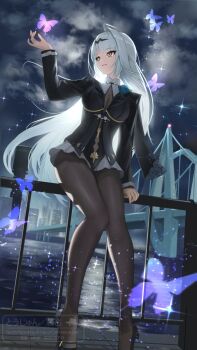 1girl black_pantyhose black_shoes bodystocking breasts bug butterfly cleavage cloud floating_hair grey_hair hand_up high_heels highres insect long_hair long_sleeves looking_to_the_side night official_alternate_costume outdoors pantyhose parted_lips shoes sky smile solo standing torjun_111 very_long_hair yellow_eyes yixuan_(trails_of_ink)_(zenless_zone_zero) yixuan_(zenless_zone_zero) zenless_zone_zero