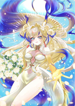 1girl aqua_eyes arknights blonde_hair blue_hair bouquet breasts bride china_dress chinese_clothes cleavage dragon_girl dragon_horns dragon_tail dress earrings eastern_dragon_horns eastern_dragon_tail flower hair_flower hair_ornament highres holding holding_bouquet horns jewelry long_hair looking_at_viewer medium_breasts navel open_mouth setsuna_rio shu_(arknights) smile solo tail tassel tassel_earrings very_long_hair white_hair