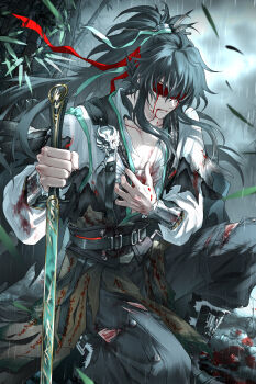 1boy absurdres arm_armor black_hair black_pants blindfold blood chinese_clothes closed_mouth clutching_chest colored_blindfold devil_heavens green_ribbon grey_eyes hair_between_eyes hair_ribbon highres holding holding_sword holding_weapon long_hair male_focus pants ponytail qiuyuan_(wuthering_waves) ribbon shirt solo sword weapon white_shirt wuthering_waves