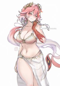 1girl adapted_costume bare_shoulders bikini blush breasts changli_(laurel_nymph)_(wuthering_waves) changli_(wuthering_waves) chascoby cleavage closed_mouth collarbone colored_extremities commentary english_commentary feather_hair hair_between_eyes hair_intakes halterneck highres large_breasts laurel_crown looking_at_viewer navel official_alternate_costume pink_hair red_hands sarong simple_background smile solo stomach swimsuit tacet_mark_(wuthering_waves) white_background white_bikini white_hair white_sarong wuthering_waves yellow_eyes