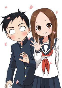 Rule 34 | 10s, 1boy, 1girl, absurdres, brown hair, cherry blossoms, forehead, highres, karakai jouzu no takagi-san, long hair, nishikata, parted bangs, school uniform, serafuku, smile, takagi-san, waving, yamamoto souichirou