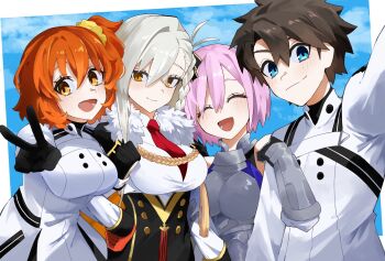 black_hair blue_eyes blush braid breasts closed_eyes commentary_request fate/grand_order fate_(series) fujimaru_ritsuka_(female) fujimaru_ritsuka_(female)_(decisive_battle_chaldea_uniform) fujimaru_ritsuka_(male) fujimaru_ritsuka_(male)_(decisive_battle_chaldea_uniform) fur_trim highres large_breasts ma_ple mash_kyrielight mash_kyrielight_(paladin) necktie olga_marie_animusphere olga_marie_animusphere_(unbeast) orange_eyes orange_hair pink_hair side_ponytail smile tassel v white_hair