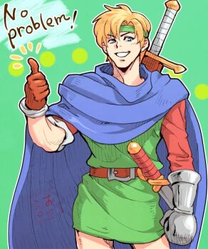 1boy asymmetrical_bangs bare_legs belt blonde_hair blue_cape blue_eyes cape english_text gloves green_background green_headband green_tunic headband long_sleeves max_(shining_force) okeko shining_(series) shining_force_i short_hair signature simple_background sleeve_rolled_up smile solo solo_focus sword sword_on_back thumbs_up tunic upper_body weapon weapon_on_back