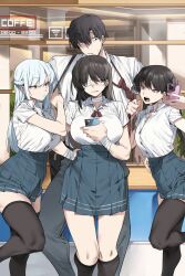 Rule 34 | 1boy, 3girls, absurdres, bandaged arm, bandages, black hair, blue eyes, blue skirt, blurry, blurry background, braid, breasts, collared shirt, eyepatch, french braid, grey eyes, grin, highres, holding, holding phone, korean commentary, large breasts, long hair, looking to the side, miniskirt, multiple girls, necktie, necktie grab, neckwear grab, original, pants, phone, pleated skirt, red necktie, school uniform, shirt, shirt tucked in, short hair, short sleeves, sidelocks, skirt, small breasts, smile, suspenders, suspenders pull, thighhighs, twintails, urec, white hair, white shirt, window, yellow eyes