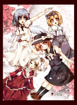 4girls :d ;d alice_margatroid alice_margatroid_(pc-98) black_skirt black_socks blonde_hair blue_eyes blue_hair blue_skirt boots border bow buttons child collar collared_vest commentary commentary_request dress emoticon frilled_dress frills fur-trimmed_boots fur_trim hair_bobbles hair_bow hair_ornament hat hat_bow highres kaomoji long_hair long_sleeves looking_at_viewer looking_to_the_side mai_(touhou) mary_janes multiple_girls mystic_square one_eye_closed open_mouth psan red_border red_dress red_eyes shinki_(touhou) shoes short_hair short_sleeves side_ponytail skirt smile socks suspender_skirt suspenders touhou touhou_(pc-98) vest white_hair white_skirt wings yellow_eyes yuki_(touhou)