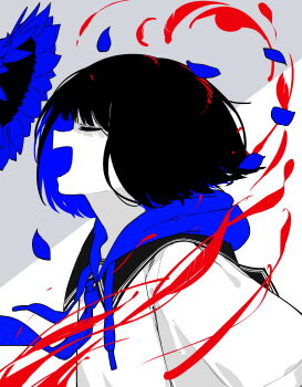 1girl :d absurdres black_hair blue_flower blue_hair bob_cut drawstring flower from_side grey_background highres hood hood_down long_sleeves multicolored_hair open_mouth original osisio petals profile puffy_long_sleeves puffy_sleeves shirt short_hair smile solo sunflower two-tone_background two-tone_hair upper_body white_background white_shirt