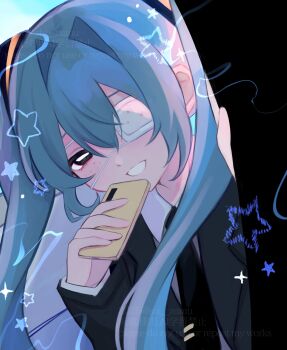 1girl :d black_eyes black_jacket black_necktie blue_hair blue_sky collared_shirt commentary_request contrast_collar day double-parted_bangs eyepatch freckles grey_shirt grin hair_between_eyes hair_intakes hair_ornament hands_up hatsune_miku highres holding holding_phone jacket lapels layered_sleeves long_hair long_sleeves looking_at_viewer medical_eyepatch monitoring_(vocaloid) necktie one_eye_covered open_clothes open_jacket open_mouth outdoors phone shirt shizumu_(shi_zumu) simple_background sky smile solo star_(symbol) tie_clip twintails twitter_username upper_body vocaloid watermark