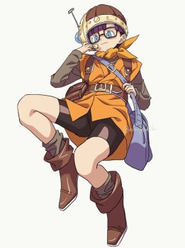 1girl antennae bike_shorts black_shorts blue_eyes blunt_bangs boots brown_boots chrono_trigger closed_mouth commentary full_body glasses grey_shirt grey_socks headset helmet hosodayo long_sleeves looking_at_viewer lucca_ashtear neckerchief orange_neckerchief orange_tunic purple_hair shirt short_hair shorts simple_background smile socks solo tunic white_background