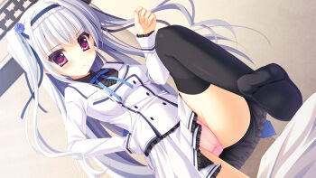 1girl black_shirt black_thighhighs blue_ribbon blush breasts female_focus game_cg grey_hair hairband hand_on_own_hip jacket kami_no_ue_no_mahou_tsukai long_hair long_sleeves neck_ribbon panties pink_panties purple_eyes ribbon school_uniform shirt skirt small_breasts solo sushimekabu thighhighs twintails uguisu_kagura underwear white_jacket white_skirt yugyoji_yoruko