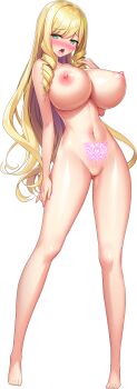 1girl absurdres arm_up aroused ass barefoot blonde_hair blush breasts completely_nude derauea drill_hair drill_sidelocks drooling full_body game_cg glowing glowing_tattoo gluteal_fold green_eyes hand_on_own_thigh heart heart_tattoo highres huge_breasts long_hair long_sidelocks looking_at_viewer motto!_haramase!_(series) motto!_haramase!_honoo_no_oppai_isekai_chou_ero_succubus_gakuen! multicolored_hair navel nipples no_pussy non-web_source nose_blush nude official_art pubic_tattoo rosalina_rafaelos sidelocks solo sprite standing stomach tachi-e tattoo transparent_background two-tone_hair wavy_hair