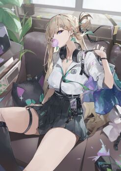 1girl absurdres aqua_necktie black_skirt blonde_hair blowing_bubble_gum blue_eyes breasts chewing_gum cleavage collared_shirt commentary earrings hair_ornament headphones headphones_around_neck high-waist_skirt highres id_card jewelry large_breasts long_hair looking_at_viewer lynae_(wuthering_waves) megu_(jim48834420) necklace necktie shirt shirt_tucked_in sitting skirt skull_hair_ornament solo star_(symbol) star_earrings thigh_strap thighs white_shirt wuthering_waves