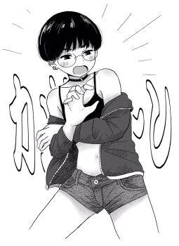 1girl bowl_cut camisole choker cowboy_shot crop_top ear_piercing earrings emphasis_lines flat_chest glasses greyscale highres jacket jewelry midriff monochrome multiple_earrings multiple_rings navel noe_aoikaba o-ring o-ring_choker off_shoulder open_mouth original piercing ring short_hair short_shorts shorts solo translation_request