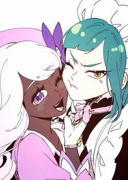 2girls dark-skinned_female dark_skin gguck gloves green_hair hat highres jacinthe_(pokemon) lebanne_(pokemon) maid_headdress multiple_girls nintendo one_eye_closed open_mouth pokemon pokemon_legends:_z-a pout purple_eyes purple_hat smile white_background white_gloves white_hair yellow_eyes