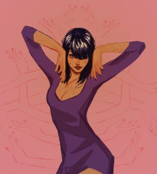 1girl black_hair black_nails breasts cleavage closed_mouth commentary cowboy_shot dress extra_arms eyelashes hair_over_one_eye hana_hana_no_mi highres ivygardenns long_sleeves looking_at_viewer makeup mascara medium_hair nico_robin one_piece pink_background purple_dress red_lips simple_background solo