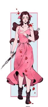 1girl aerith_gainsborough bangle bare_shoulders boots border bracelet braid braided_ponytail breasts brown_boots brown_hair closed_mouth dress falling_petals final_fantasy final_fantasy_vii flower full_body green_eyes grey_background hair_ribbon highres holding holding_staff jewelry long_dress long_hair medium_breasts parted_bangs petals pink_dress pink_ribbon red_flower red_petals ribbon robasarel sidelocks single_braid sleeveless sleeveless_dress solo staff sundress white_border