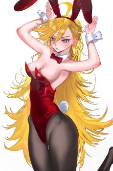 1girl absurdres ahoge alternate_costume animal_ear_hairband animal_ears armpits bare_arms bare_shoulders black_pantyhose blue_eyes blush bow bowtie detached_collar fake_animal_ears fake_tail hair_between_eyes hairband highleg highleg_leotard highres hip_bones kkghost_tv leotard long_hair panty_&amp;_stocking_with_garterbelt panty_(psg) pantyhose parted_lips playboy_bunny rabbit_ear_hairband rabbit_ears rabbit_pose rabbit_tail red_bow red_bowtie red_leotard solo standing standing_on_one_leg strapless strapless_leotard tail very_long_hair wrist_cuffs