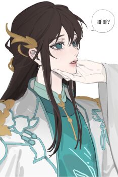 2boys absurdres androgynous aqua_eyes bishounen brown_hair chinese_clothes chinese_commentary chinese_text coat english_text green_hanfu hair_ornament hand_on_another&#039;s_chin hand_on_another&#039;s_face hanfu highres hua_yi_shanxin_zhiyue implied_yaoi kayu_(yukagoin) long_hair long_sleeves looking_at_another male_focus multiple_boys open_mouth out_of_frame sidelocks simple_background solo_focus speech_bubble teeth the_prince_(hua_yi_shanxin_zhiyue) upper_body white_background white_coat white_hanfu wide_sleeves