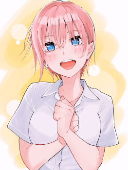 absurdres blue_eyes blush collarbone_peek collared_shirt commentary_request earrings go-toubun_no_hanayome hair_between_eyes highres jewelry ldeeeeeeeeeejo nakano_ichika open_mouth own_hands_together pink_hair shirt short_hair short_sleeves smile teeth upper_body upper_teeth_only white_shirt