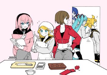 2boys 4girls :&lt; ? ahoge apron aqua_eyes bandana black_hairband black_sailor_collar black_shorts black_sweater blonde_hair blue_eyes blue_hair blue_scarf blush_stickers book bowl breasts brown_hair cardigan chocolate_making chocolate_mold cleavage collarbone collared_jacket confused cropped_jacket curious denim door frilled_skirt frills hair_ornament hairband hairclip hand_on_own_hip happy_valentine hatsune_miku helping holding holding_book holding_bowl igarashi_(morimorienoki) jacket jeans jewelry kagamine_len kagamine_rin kaito_(vocaloid) knife limited_palette long_hair long_skirt medium_breasts megurine_luka meiko_(vocaloid) midriff miniskirt monochrome multiple_boys multiple_girls narrow_waist navel necklace pants parallel_hairclips pink_background pink_hair pleated_skirt ponytail pushing_away red_jacket sailor_collar scarf short_hair short_ponytail shorts skirt spiked_hair spot_color sweater swept_bangs thighhighs turtleneck turtleneck_sweater twintails valentine very_long_hair vocaloid white_apron white_bandana zettai_ryouiki zipper zipper_pull_tab