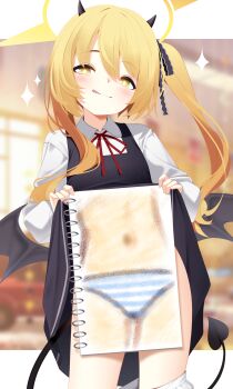 1girl absurdres black_horns blonde_hair blue_archive commentary demon_horns demon_tail demon_wings dress halo highres horns ibuki_(blue_archive) loli long_hair panties pinafore_dress shirt sleeveless sleeveless_dress solo striped_clothes striped_panties tail tongue tongue_out underwear white_shirt wings yellow_eyes yellow_halo z.taiga