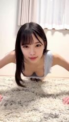 1girl all_fours animated asian black_hair breasts closed_mouth downblouse exercising hanging_breasts highres indoors long_hair looking_at_viewer medium_breasts no_bra parted_lips pjms_miku push-ups real_life smile solo sound tagme video