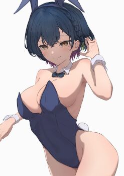 1girl absurdres animal_ear_hairband animal_ears arched_back bare_shoulders black_bow black_bowtie black_hair black_hairband black_leotard bow bowtie braid breasts brown_eyes closed_mouth colored_inner_hair commentary_request covered_navel cowboy_shot detached_collar double-parted_bangs fake_animal_ears fake_tail gradient_hair grey_background groin hairband half_up_braid highleg highleg_leotard highres kaekae_kaeru large_breasts leotard light_blush looking_ahead multicolored_hair nijisanji official_alternate_hair_length official_alternate_hairstyle pixie_cut playboy_bunny plunging_neckline purple_hair rabbit_ear_hairband rabbit_ears rabbit_tail short_hair shoulder_blush side_braid sideboob simple_background slit_pupils smile solo strapless strapless_leotard tail traditional_bowtie two-tone_hair virtual_youtuber wing_collar wrist_cuffs yamagami_karuta