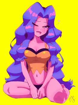 bare_legs belly blue_hair breasts cleavage collarbone drooling frankgallaxx karen_(pokemon) midriff navel nintendo no_pants panties pokemon pokemon_hgss saliva sitting sleepy stomach underwear