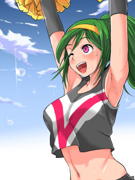 09012732821 1girl absurdres akehoshi_setsuka armpits arms_up blue_sky cheerleader commentary_request crop_top green_hair hairband high_ponytail highres holding holding_pom_poms jikkyou_powerful_pro_yakyuu long_hair midriff navel one_eye_closed open_mouth pom_pom_(cheerleading) pom_poms ponytail power_pro_appli purple_eyes sky smile solo sparkle sweatdrop teeth upper_body upper_teeth_only yellow_hairband
