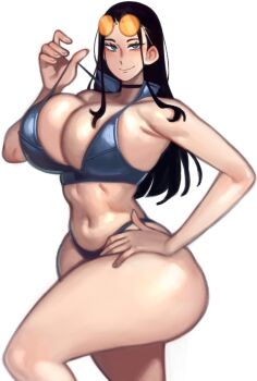 1girl 2025 adapted_costume bikini bikini_pull bikini_top_pull black_choker black_hair blue_bikini blue_eyes blush breasts choker cleavage closed_mouth clothes_pull cowboy_shot curvy eyewear_on_head highres huge_breasts kelvin_hiu large_breasts long_hair looking_at_viewer navel nico_robin nico_robin_(return_to_sabaody) one_piece orange-tinted_eyewear pulling_own_clothes simple_background smile solo standing strap_pull sunglasses swimsuit thick_thighs thighs tinted_eyewear