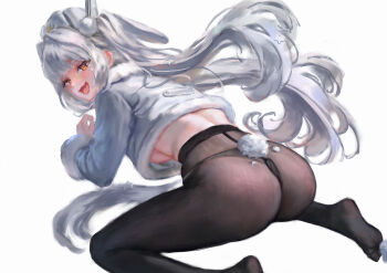 Rule 34 | 1girl, 777 (nikke), absurdres, ass, backboob, blanc (fortune express) (nikke), blanc (nikke), breasts, coat, commentary request, fake tail, fang, fur-trimmed collar, fur trim, goddess of victory: nikke, high-waist pantyhose, highres, hjwhuhu, looking at viewer, looking back, no pants, official alternate costume, official alternate hairstyle, open mouth, panties, panties under pantyhose, pantyhose, rabbit tail, see-through pantyhose, skin fang, smile, solo, tail, twintails, underboob, underwear, white background, winter clothes, winter coat