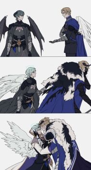 2boys angel_and_devil angel_wings armor banana69281 belt black_armor black_cape black_fur black_gloves black_horns black_jacket black_pants black_wings blonde_hair blue_belt blue_cape cape chest_belt closed_eyes closed_mouth curved_horns dagger demon_horns demon_wings dimitri_alexandre_blaiddyd dimitri_alexandre_blaiddyd_(king_of_faerghus) dimitri_alexandre_blaiddyd_(timeskip) eyepatch feathered_wings fire_emblem fire_emblem:_three_houses flower garreg_mach_monastery_uniform gloves gorget green_hair grin hair_flower hair_ornament halo hand_on_another's_face hand_on_own_chest hand_on_own_face holding holding_weapon holstered horns jacket knife long_sleeves looking_at_another male_byleth_(awakened)_(fire_emblem) male_byleth_(enlightened_one)_(fire_emblem) male_byleth_(fire_emblem) male_focus medium_hair multiple_boys mystical_high_collar nintendo official_alternate_costume one_eye_covered outstretched_arm pants parted_bangs pauldrons robe school_uniform sequential short_hair shoulder_armor smile teeth weapon white_background white_flower white_fur white_robe white_wings wings wolf_cut yaoi