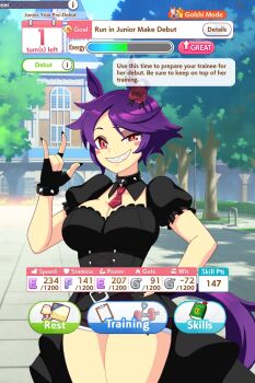 1girl animal_ears belt bracelet breasts divine_wine_(vampiranhya) donkey_girl fingerless_gloves gloves hand_on_own_hip highres interface jewelry large_breasts purple_fur purple_hair red_eyes sharp_teeth short_hair shorts smile spiked_bracelet spikes tail teeth umamusume user_interface vampiranhya