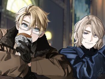 Rule 34 | 2boys, america (hetalia), axis powers hetalia, blonde hair, blue eyes, blush, burger, commentary request, eating, facial hair, food, france (hetalia), fur-trimmed jacket, fur trim, glasses, gloves, goatee stubble, holding, holding burger, holding food, jacket, long sleeves, looking at viewer, male focus, medium hair, momoka (abc momoka0718), multiple boys, purple eyes, short hair, smile, stubble, upper body